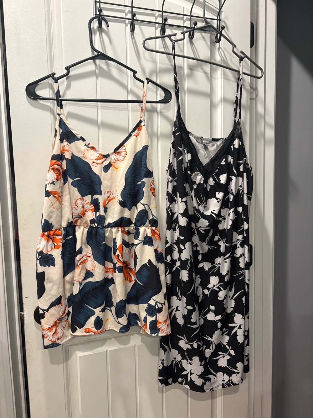 Floral V-Neck Cami Top Ivory with Navy & Orange Floral & black/white slip dress